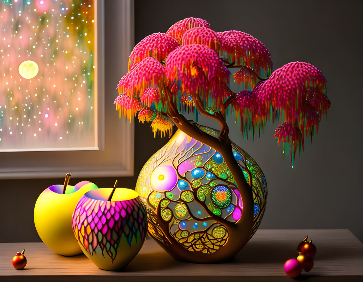 Colorful Peacock-Themed Tree Sculpture with Patterned Apples on Table