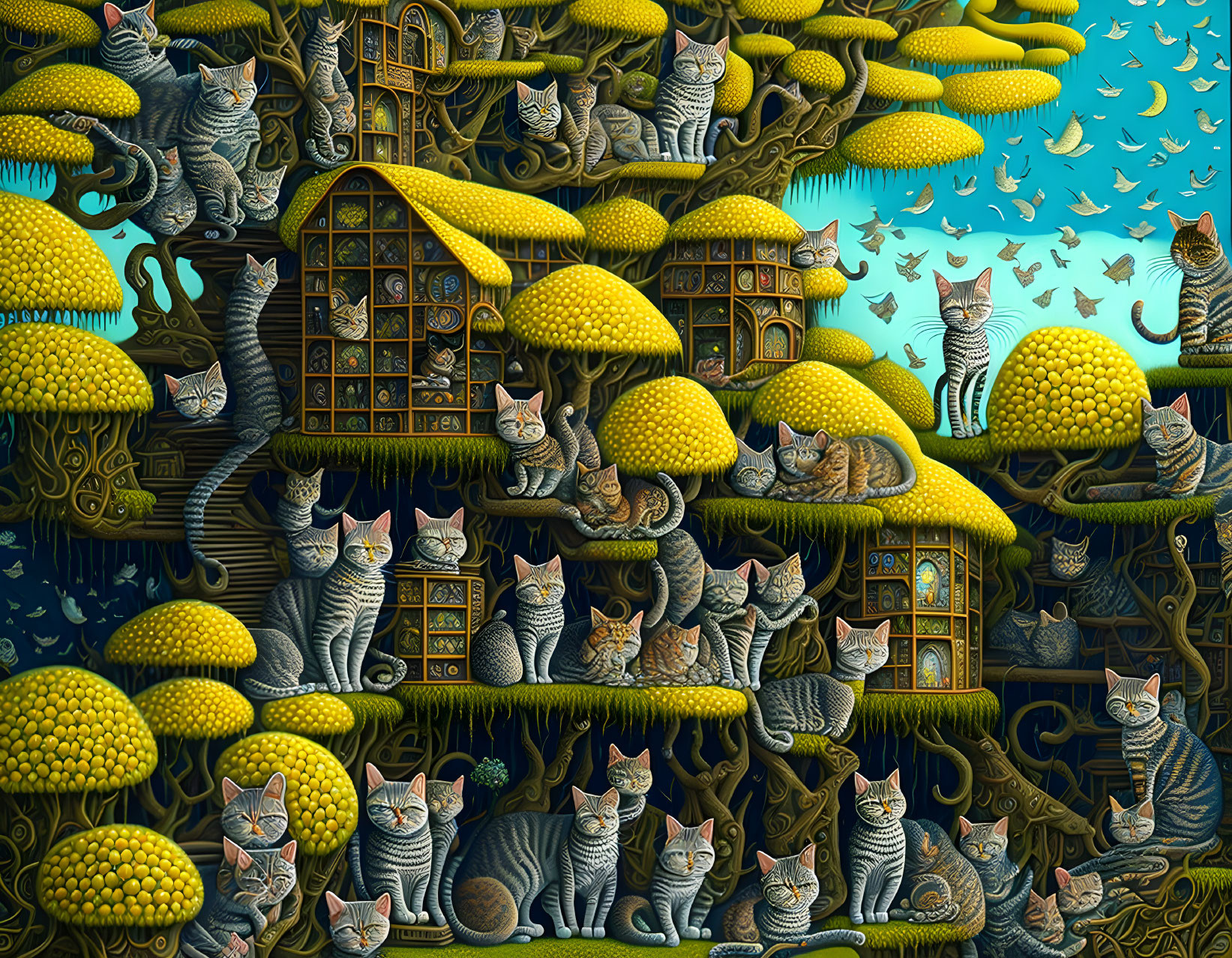 Surreal illustration: Striped cats in lemon-shaped structures with birds in teal sky