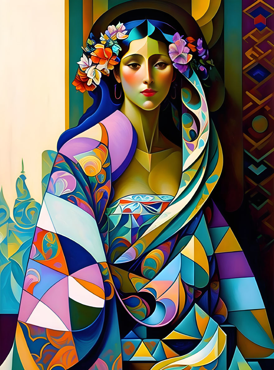 Colorful portrait of a woman with floral adornment and patterned shawl.
