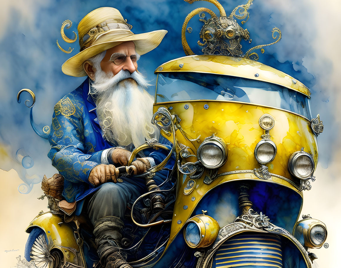 Elderly man with beard drives steampunk-style vehicle under blue sky