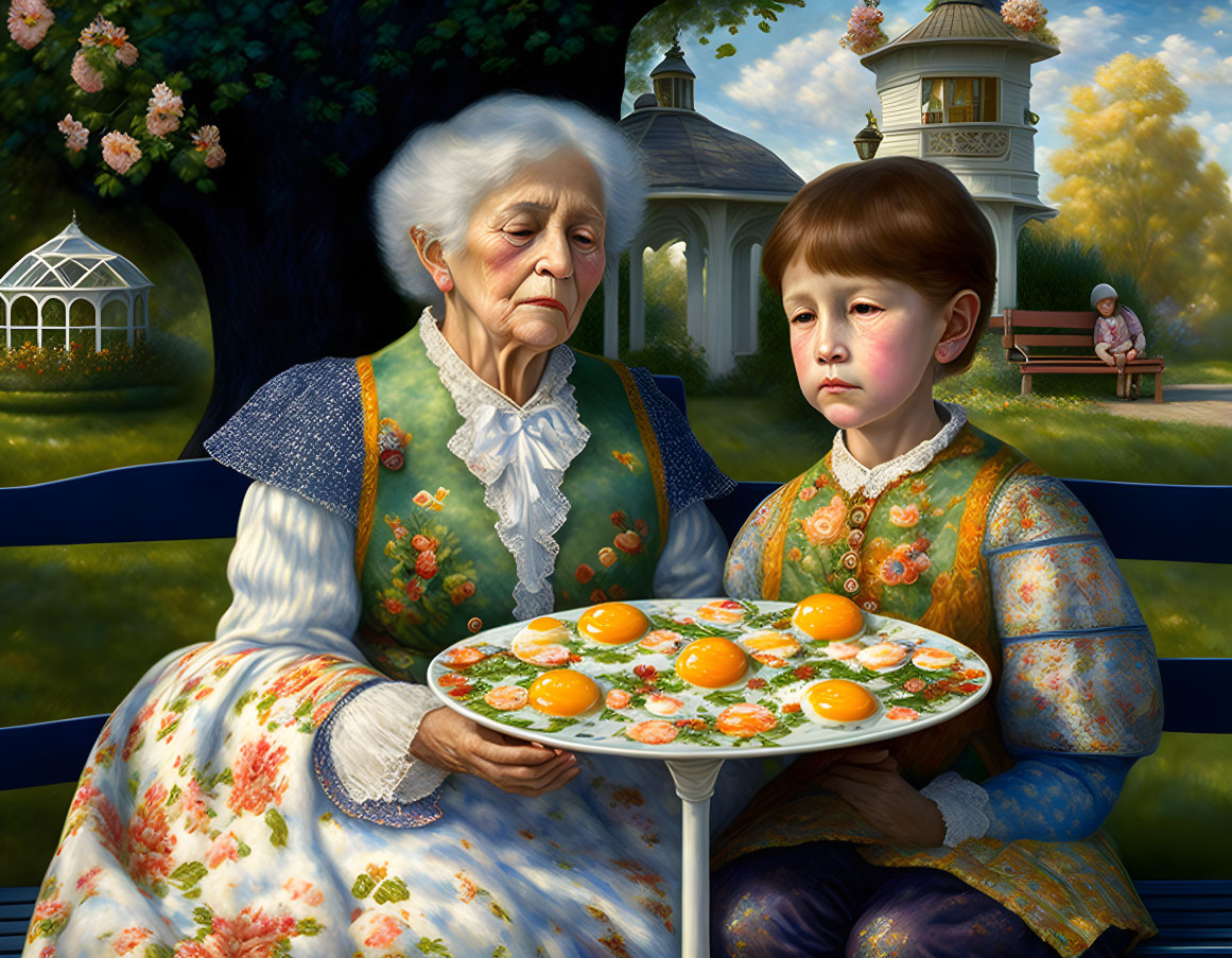 Elderly woman and child in vintage attire with oranges on park bench