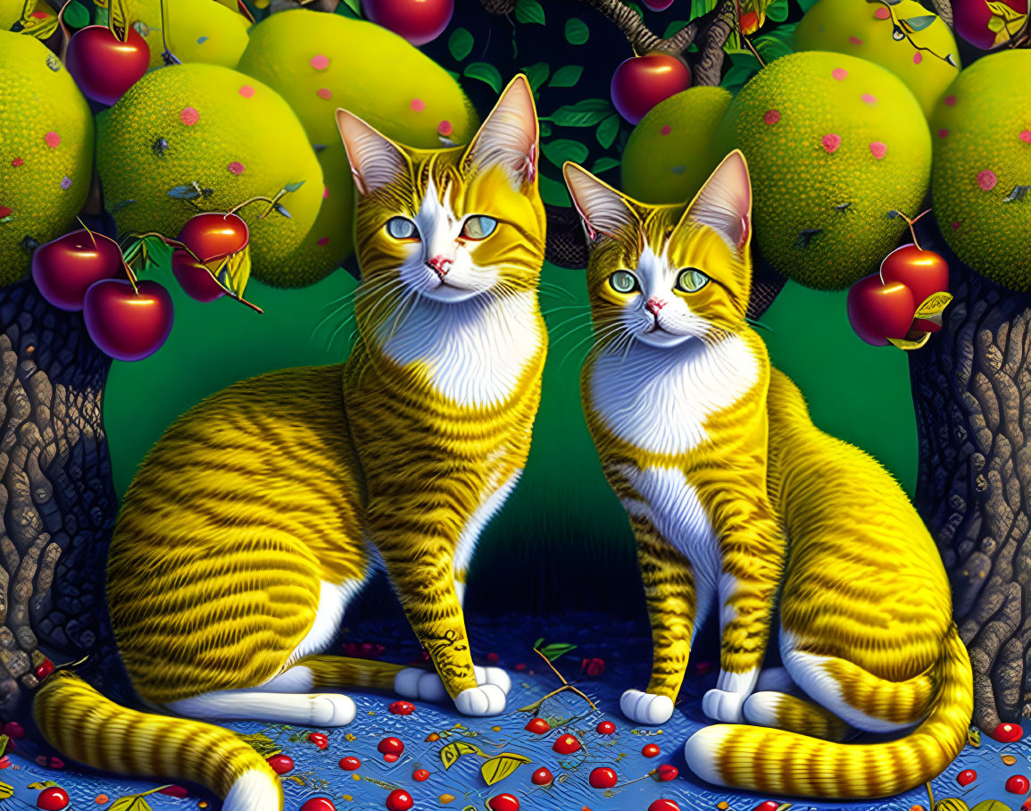Vibrantly Colored Cats in Surreal Fruit and Foliage Scene