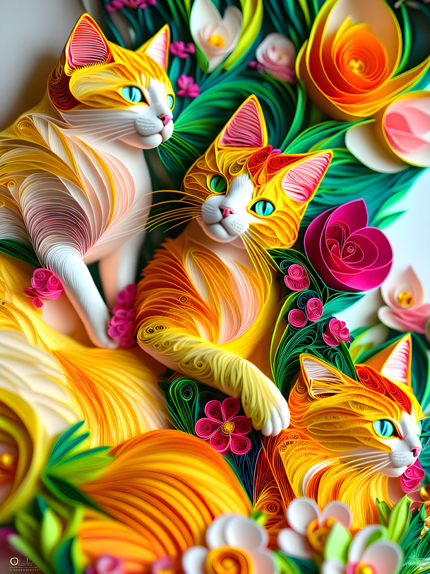 Colorful Paper Art Cats with Quilled Flowers and Foliage