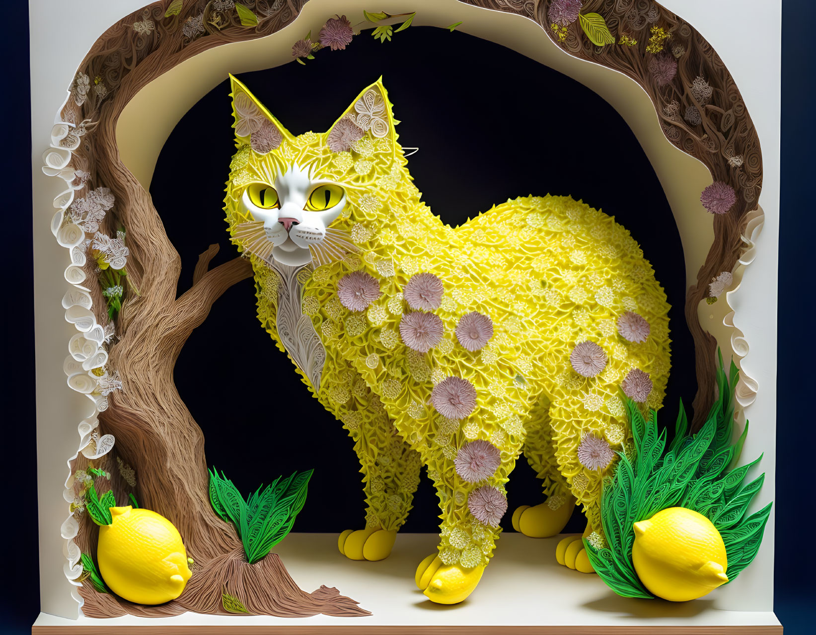 Colorful Yellow Cat with Purple Flowers, Lemons, and Tree in Decorative Frame