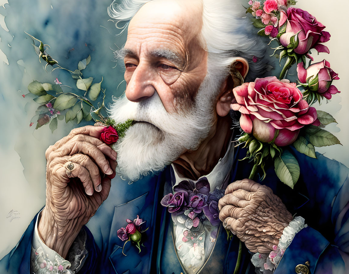 Elderly man with white beard smelling flower in floral jacket