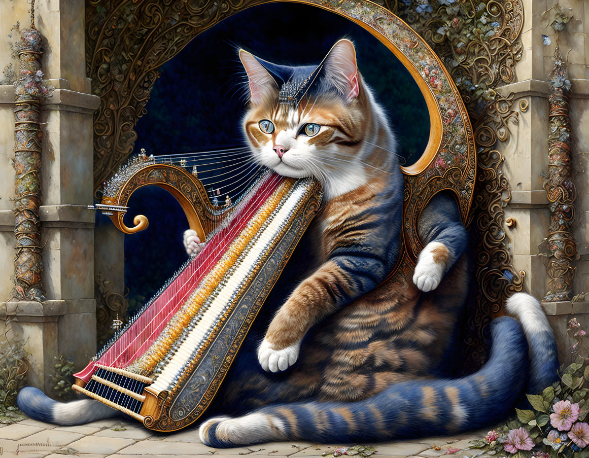 Blue-eyed cat playing harp in ornate garden setting.