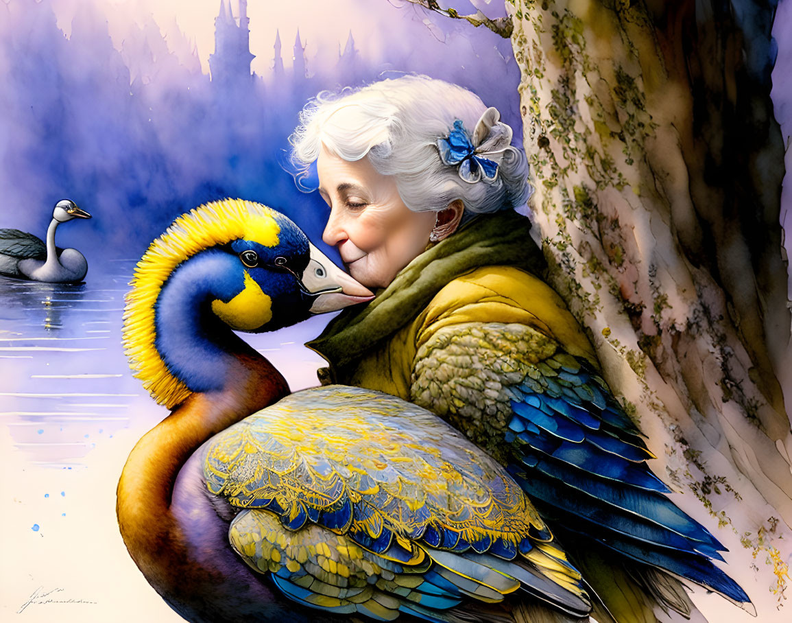 Elderly woman with white hair embracing fantastical bird by lake