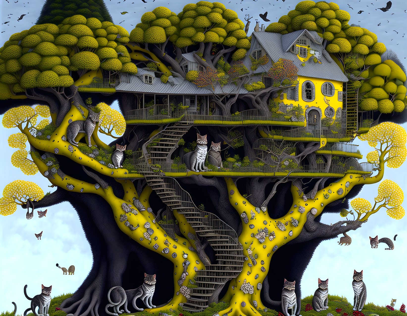 Elaborate Treehouse with Yellow Details Surrounded by Cats, Stairs, Balconies,