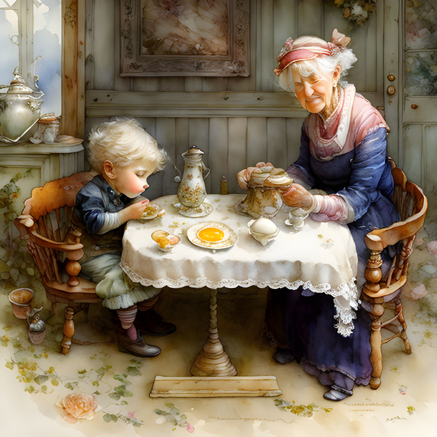 Elderly lady and child in vintage attire having tea in cozy kitchen