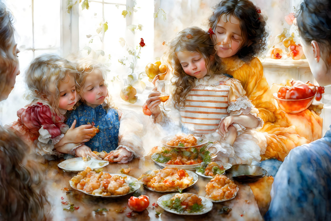 Group of children and adult sharing meal in cozy, warmly lit setting