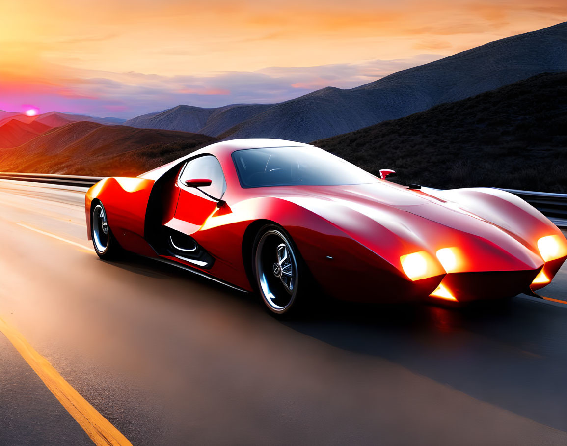 Red sports car with unique headlights driving on highway at sunset.