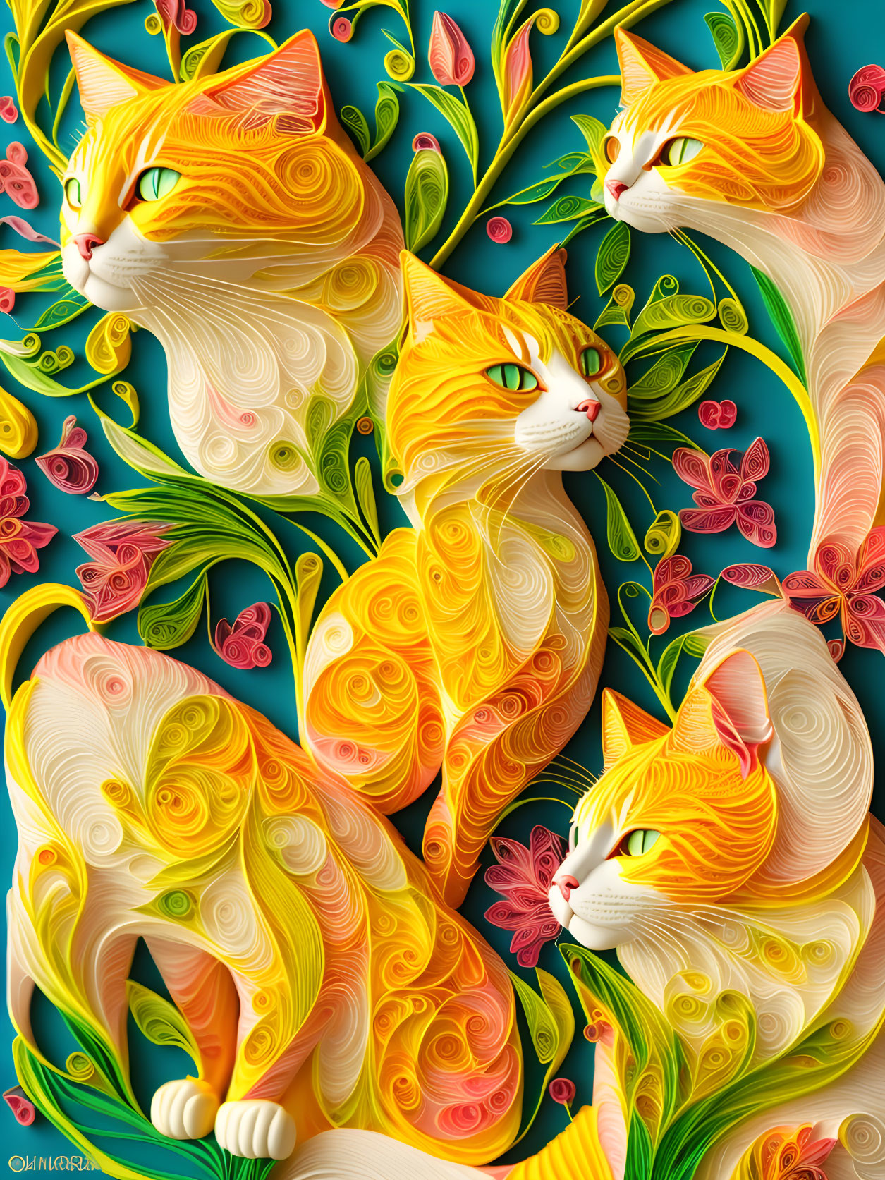 Colorful Illustration of Orange and Yellow Cats with Quilled Greenery and Flowers
