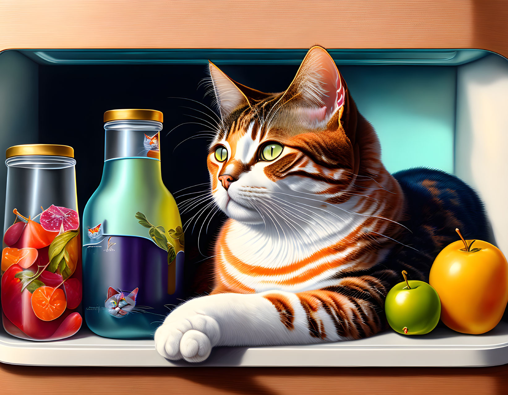 Hyper-realistic illustration of orange and white striped cat with fruit juice bottles and apples