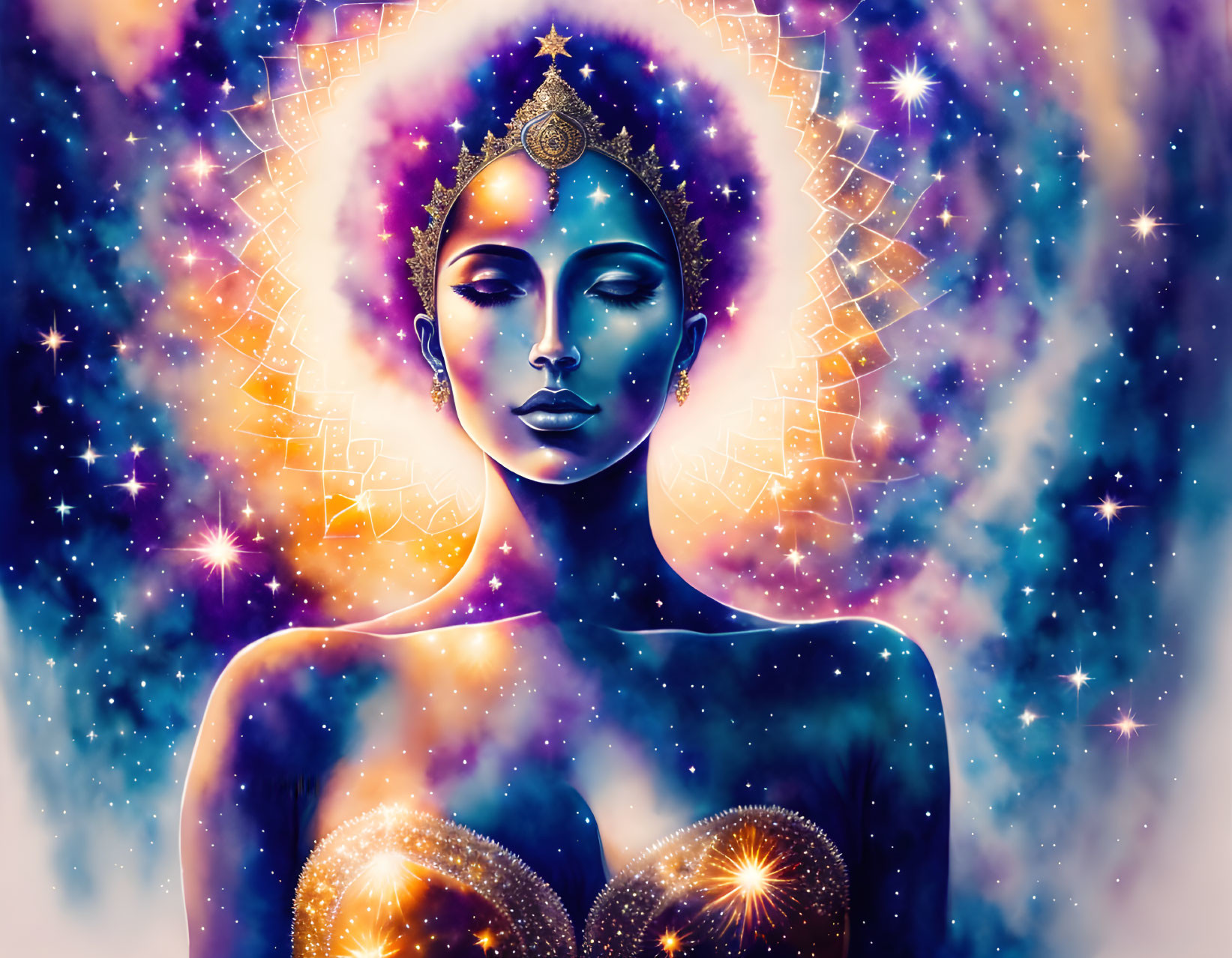 Celestial-themed illustration of serene woman with galaxy skin and starry mandala.