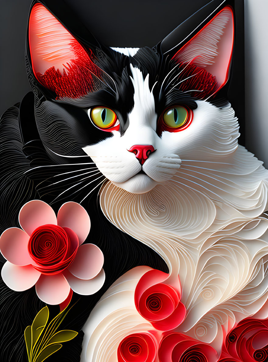 Stylized digital artwork featuring black and white cat with green eyes and floral elements