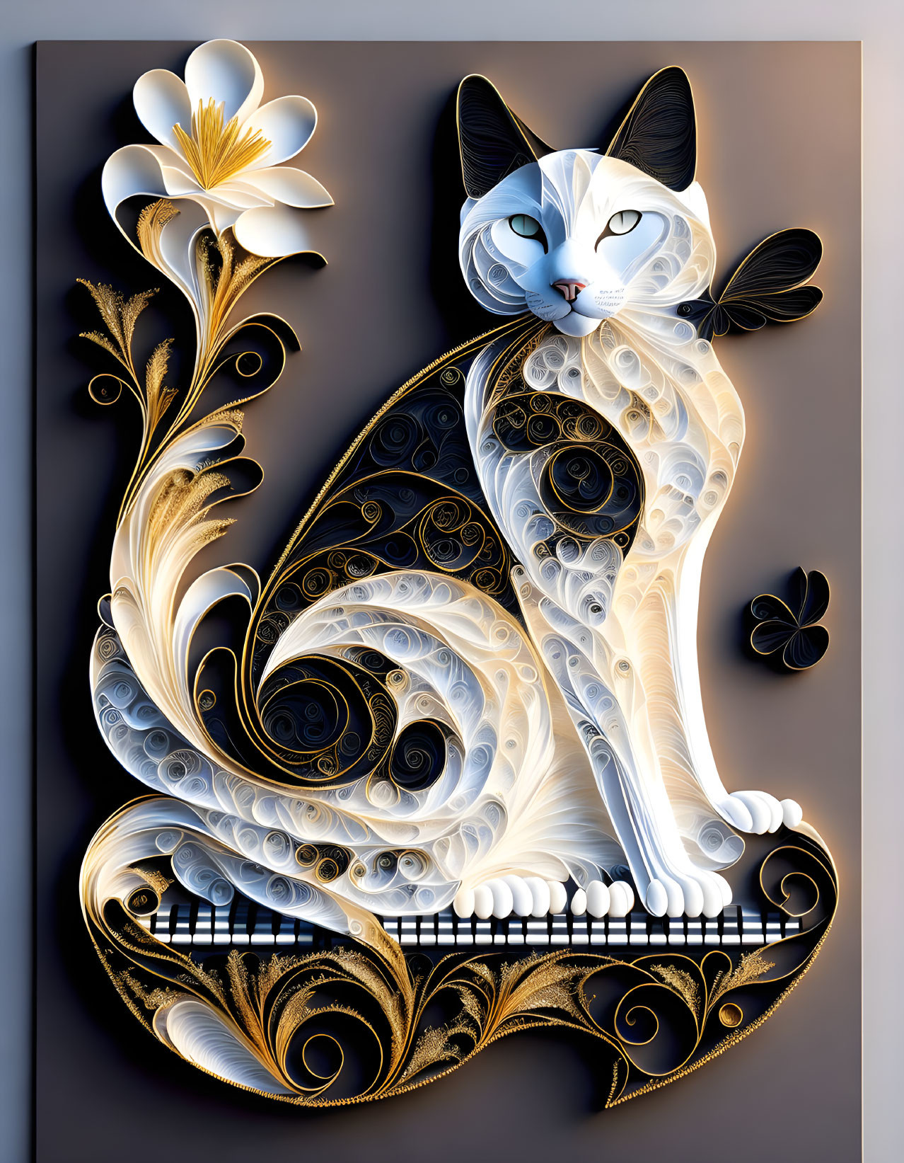 Stylized cat art with intricate patterns and floral designs