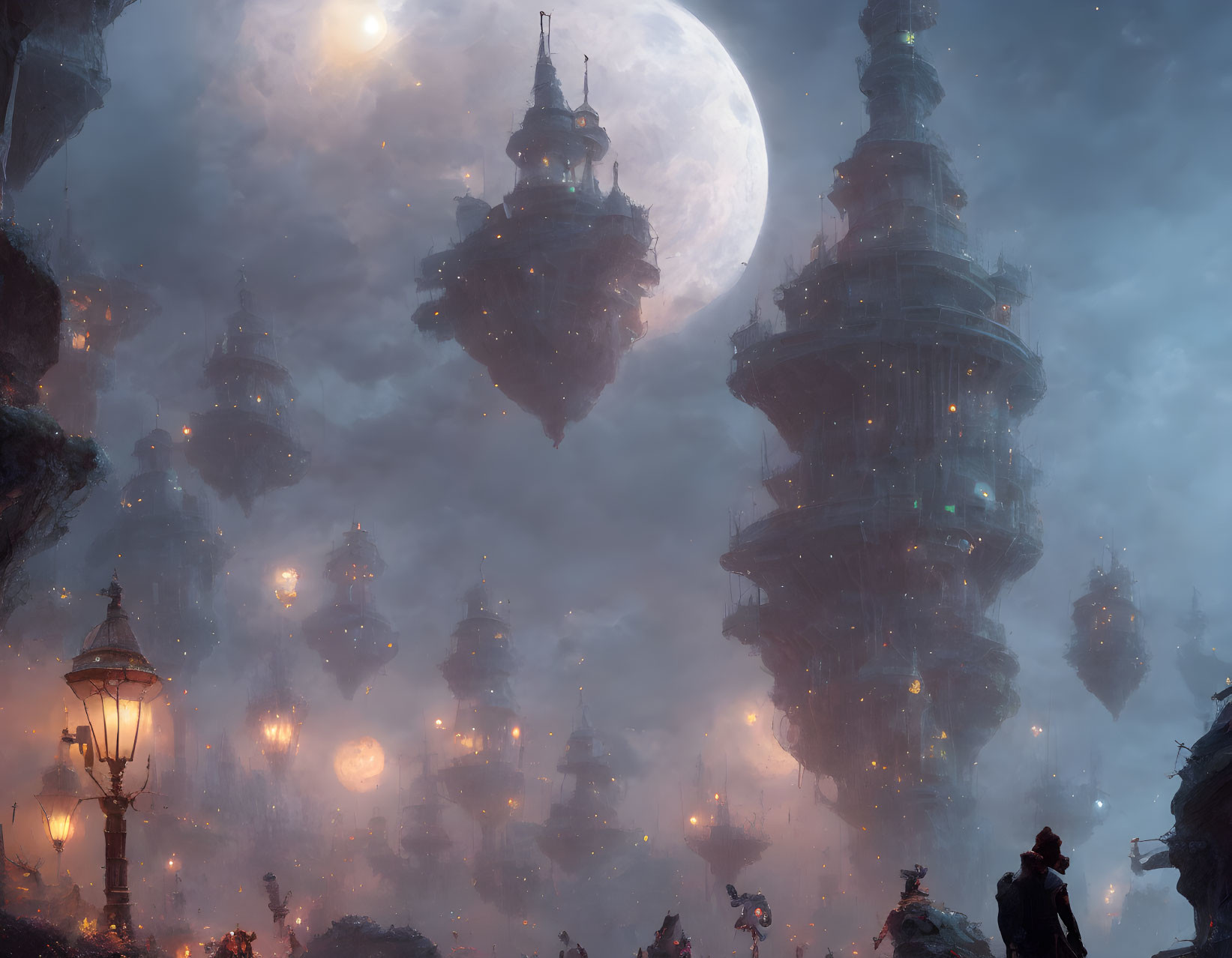 Fantasy cityscape with floating towers under a large moon and misty ambiance illuminated by glowing lanterns