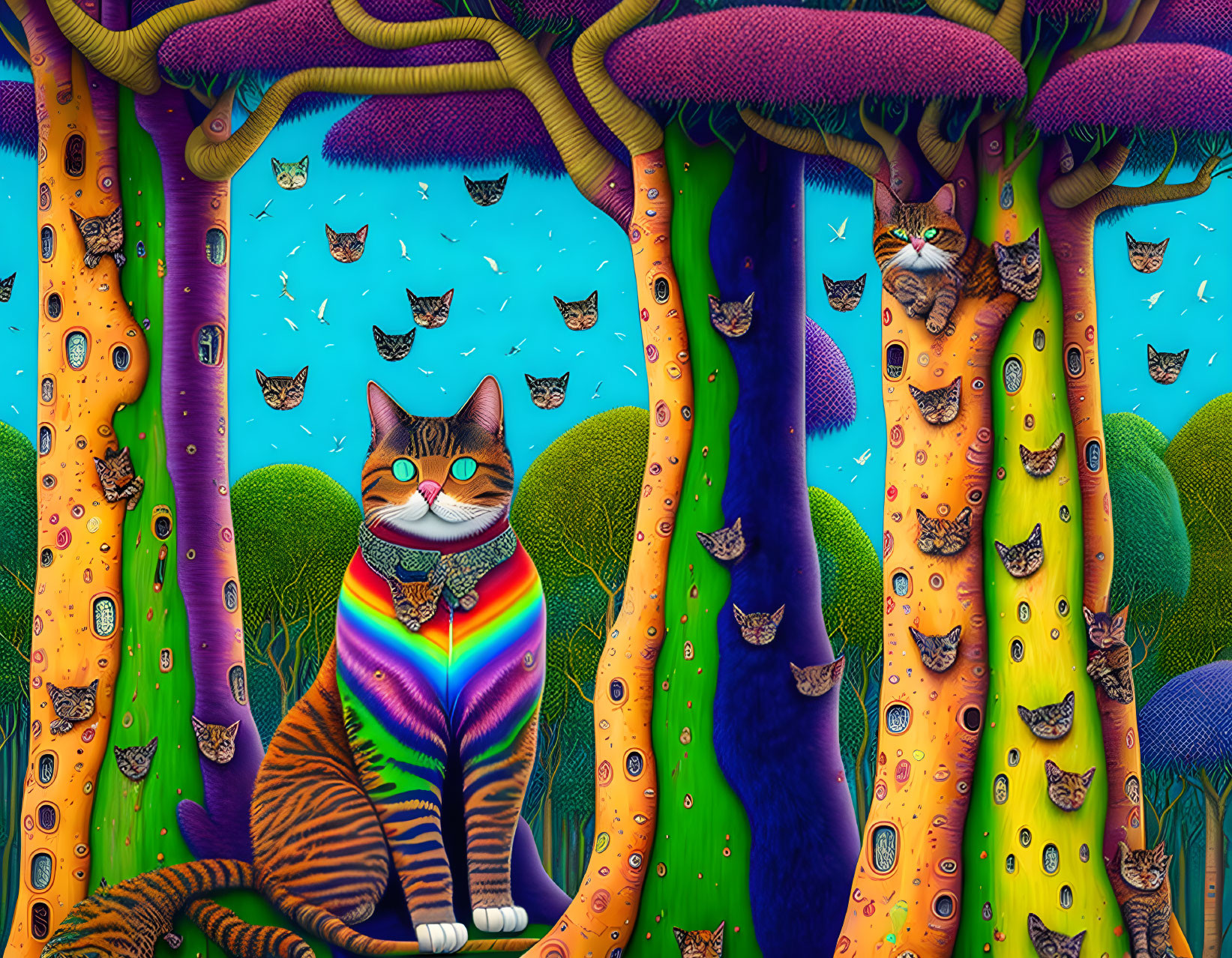 Colorful patterned trees and flying cat-faces in a whimsical forest scene
