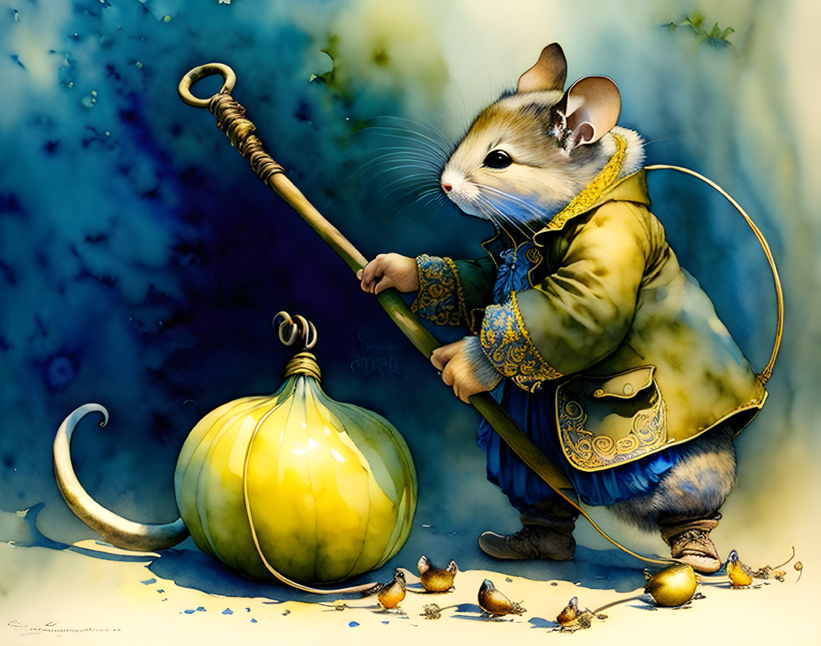 Regal anthropomorphic mouse with sword and shield among tiny mice and golden nuts on blue backdrop