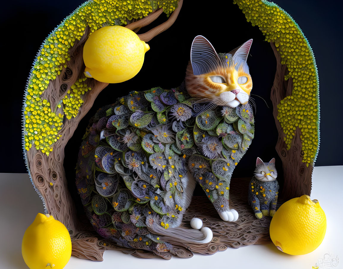 Colorful digital artwork: textured cat, patterns, lemons, sunflowers, whimsical tree