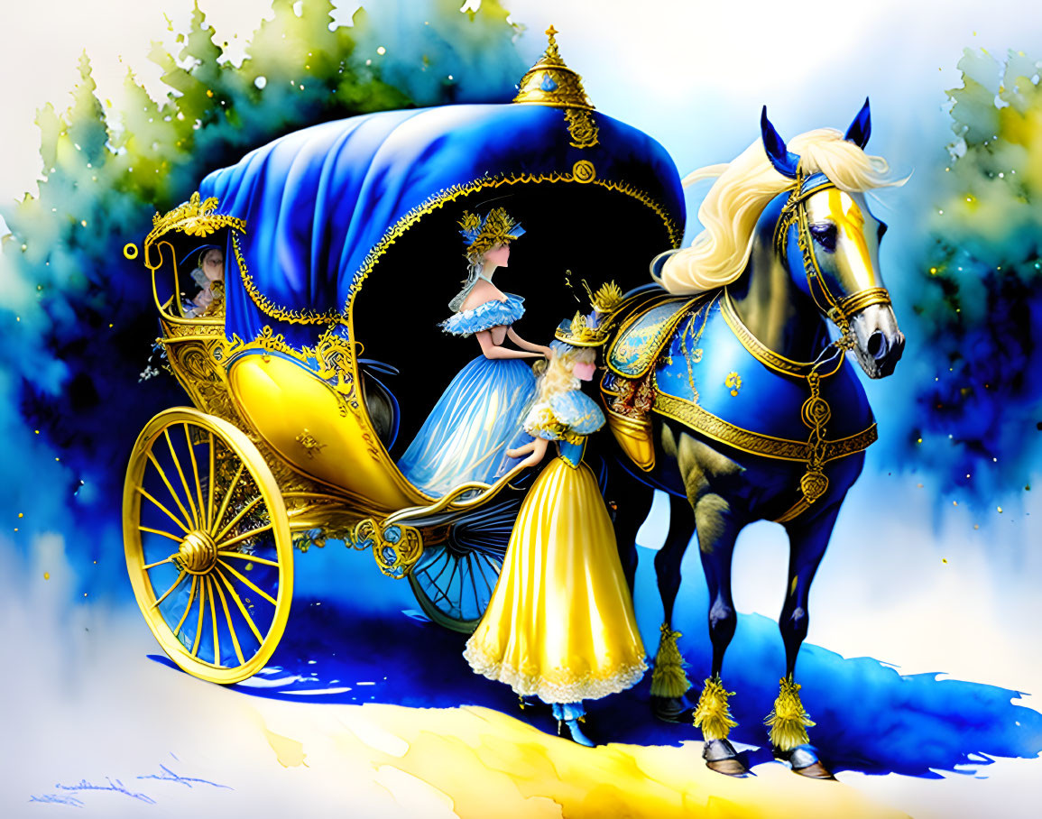 Detailed illustration of golden-trimmed blue carriage with white horse and elegant woman.