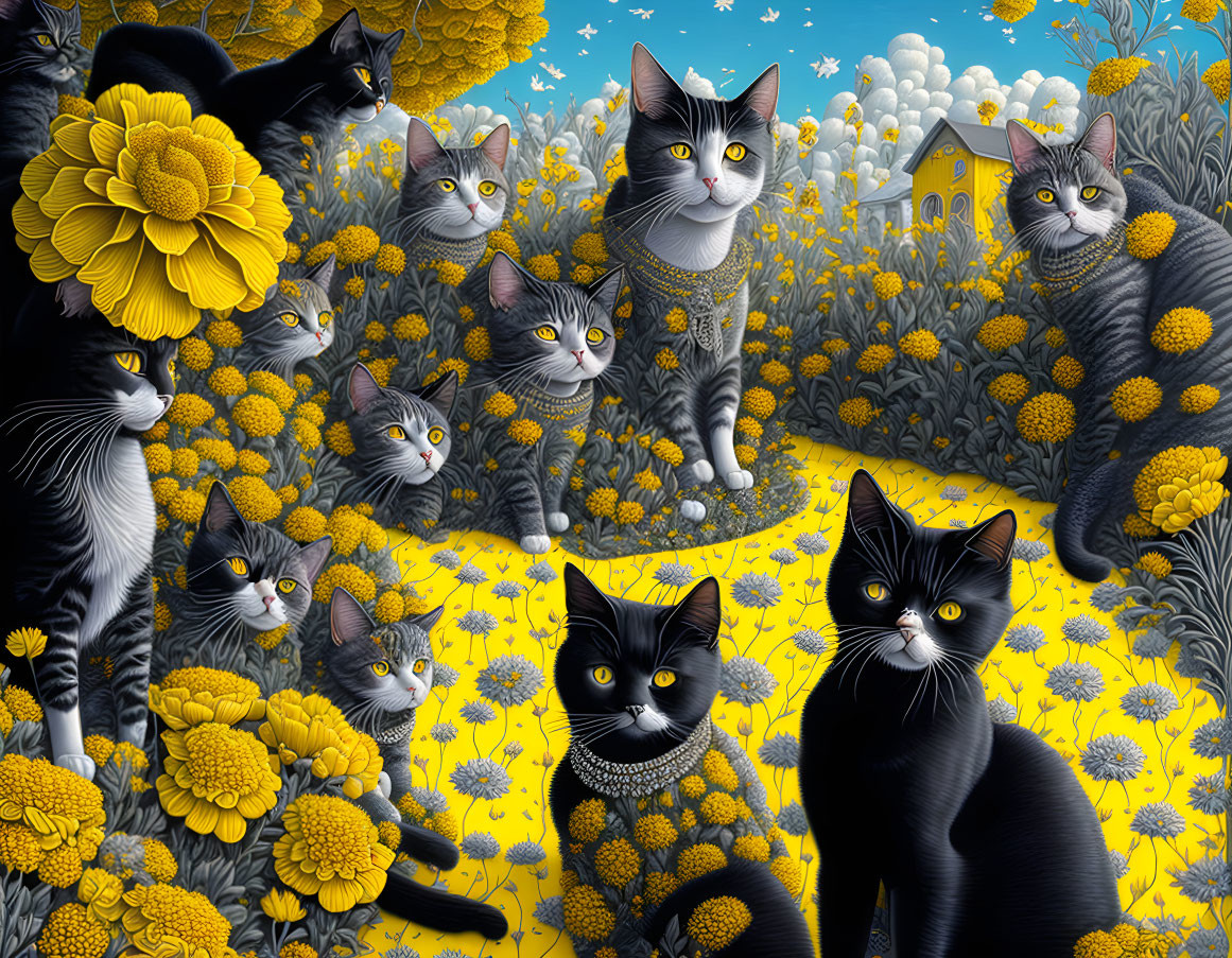 Colorful Cats with Various Expressions in Floral Setting