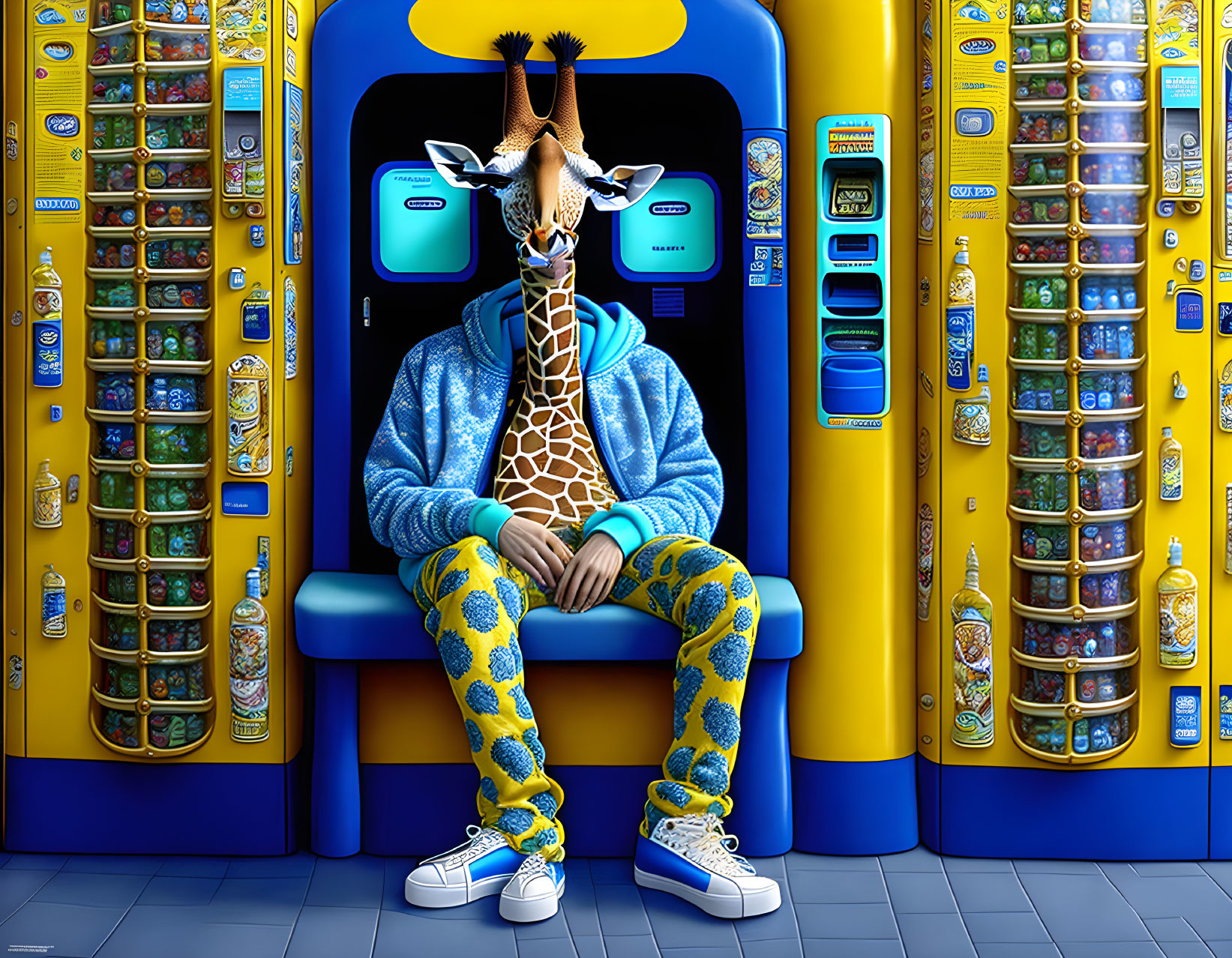 Giraffe in human attire at vending machine with gumball machines