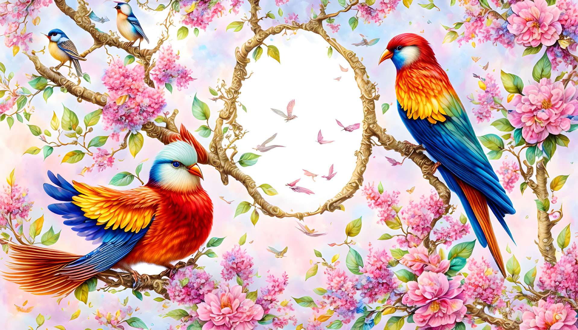 Colorful birds on blossoming branches with mirror reflection, pastel floral background