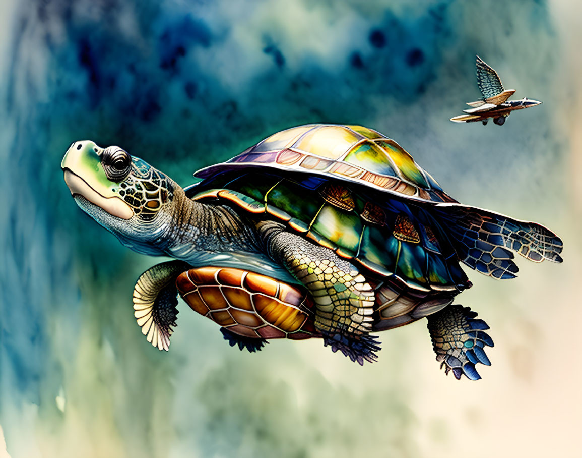 Colorful Sea Turtle and Bird Illustration in Underwater Scene