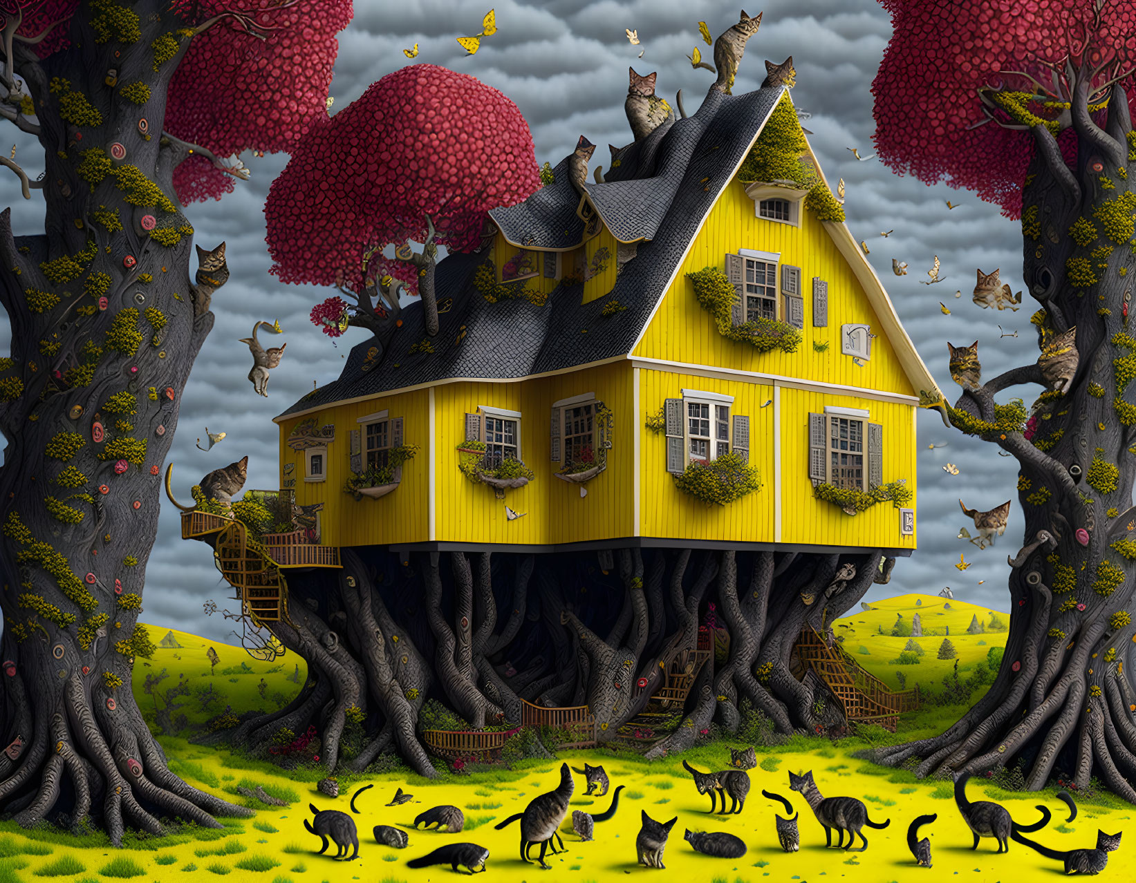 Yellow House on Tree Roots Surrounded by Red Trees and Black Cats