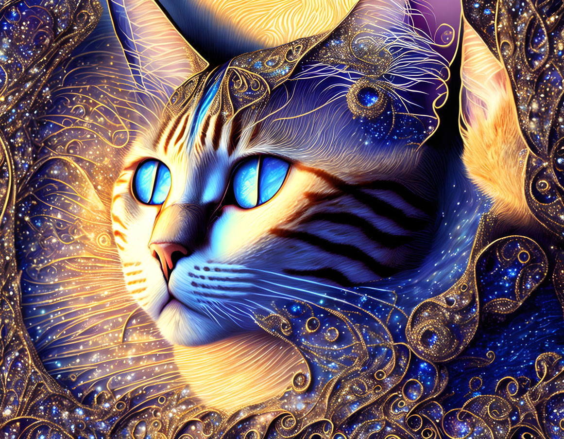 Blue-eyed tabby cat with gold swirls in digital art