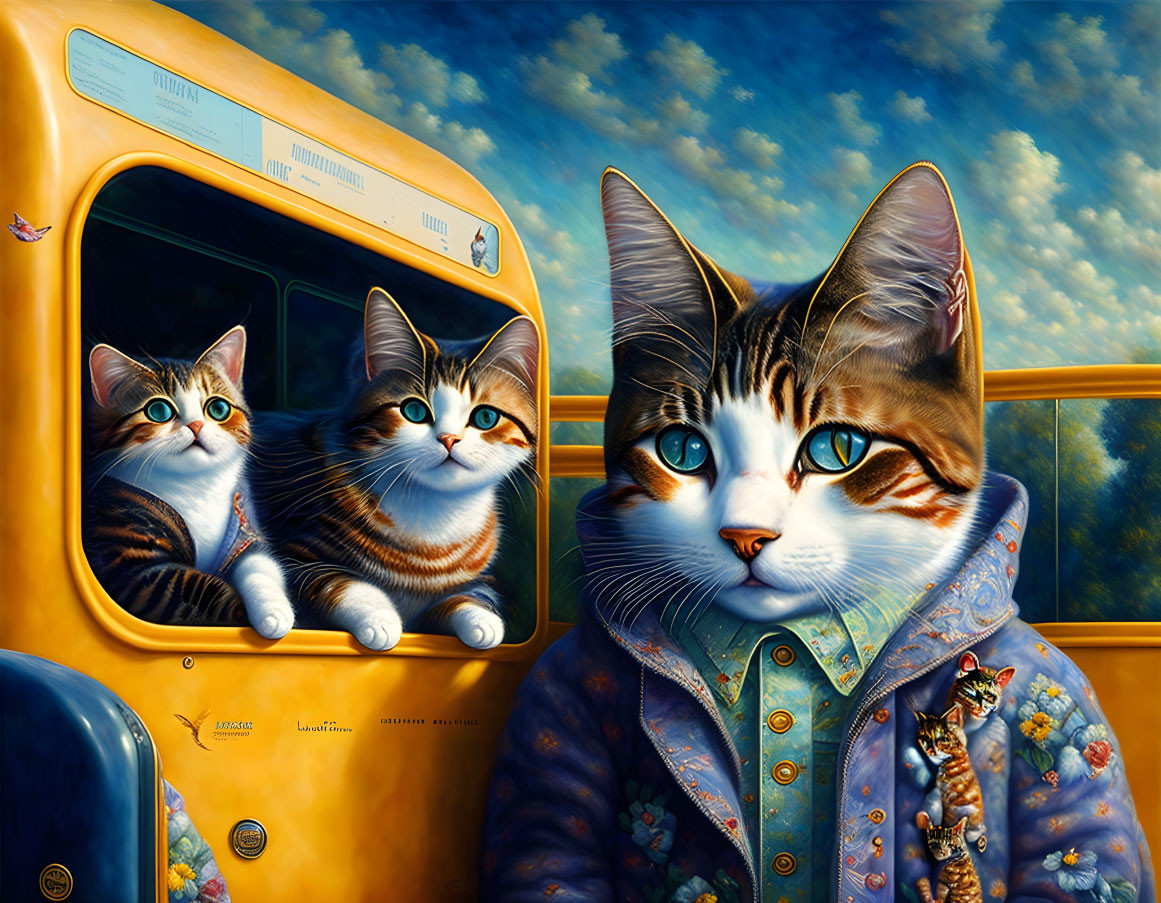 Anthropomorphic Cats in Colorful Clothes on Yellow Bus