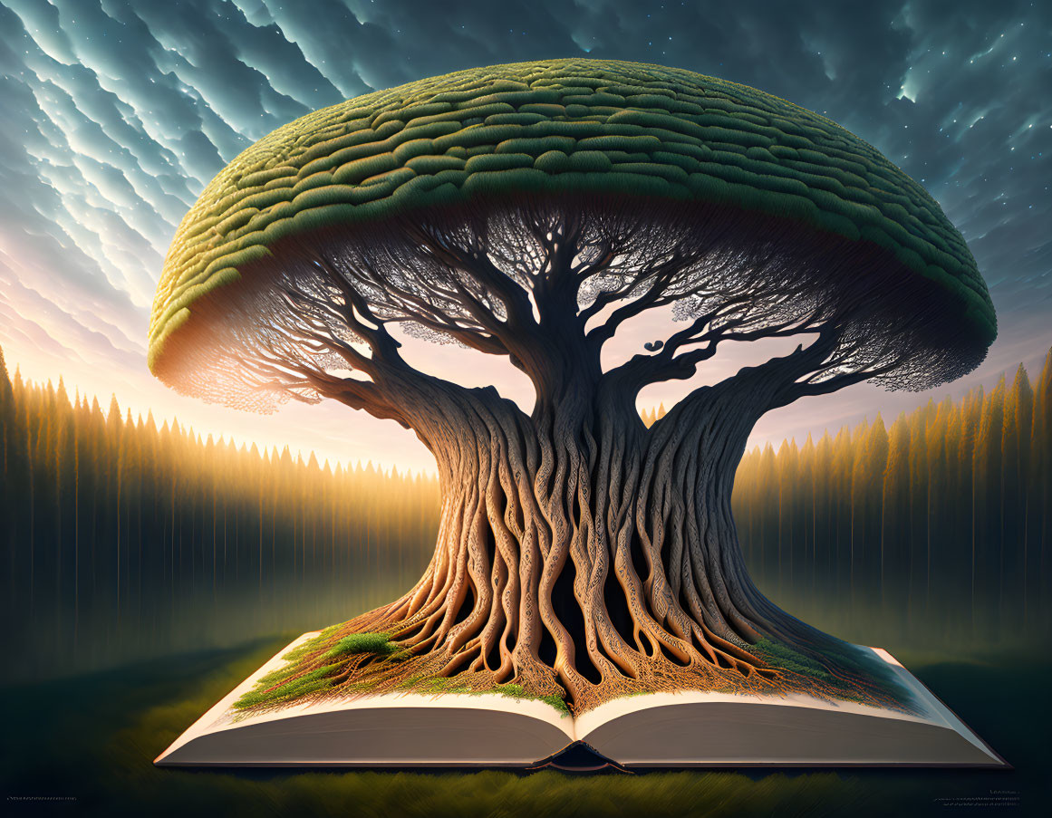 Majestic tree growing from open book in surreal forest scene