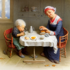 Elderly lady and child in vintage attire having tea in cozy kitchen