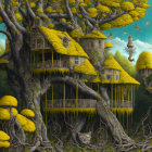 Surreal illustration: Striped cats in lemon-shaped structures with birds in teal sky