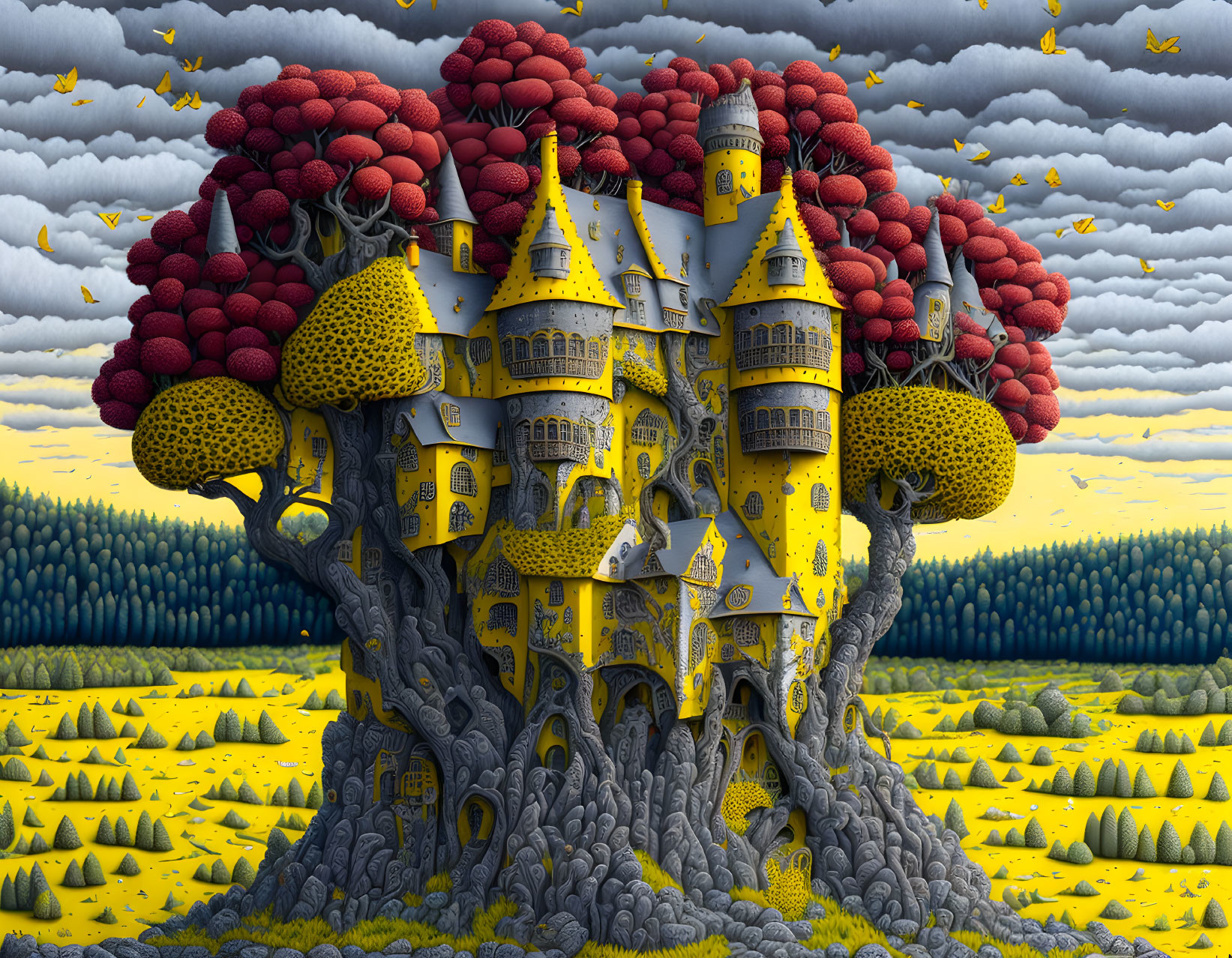 Surreal landscape with large yellow castle in tree, forest, cloudy sky