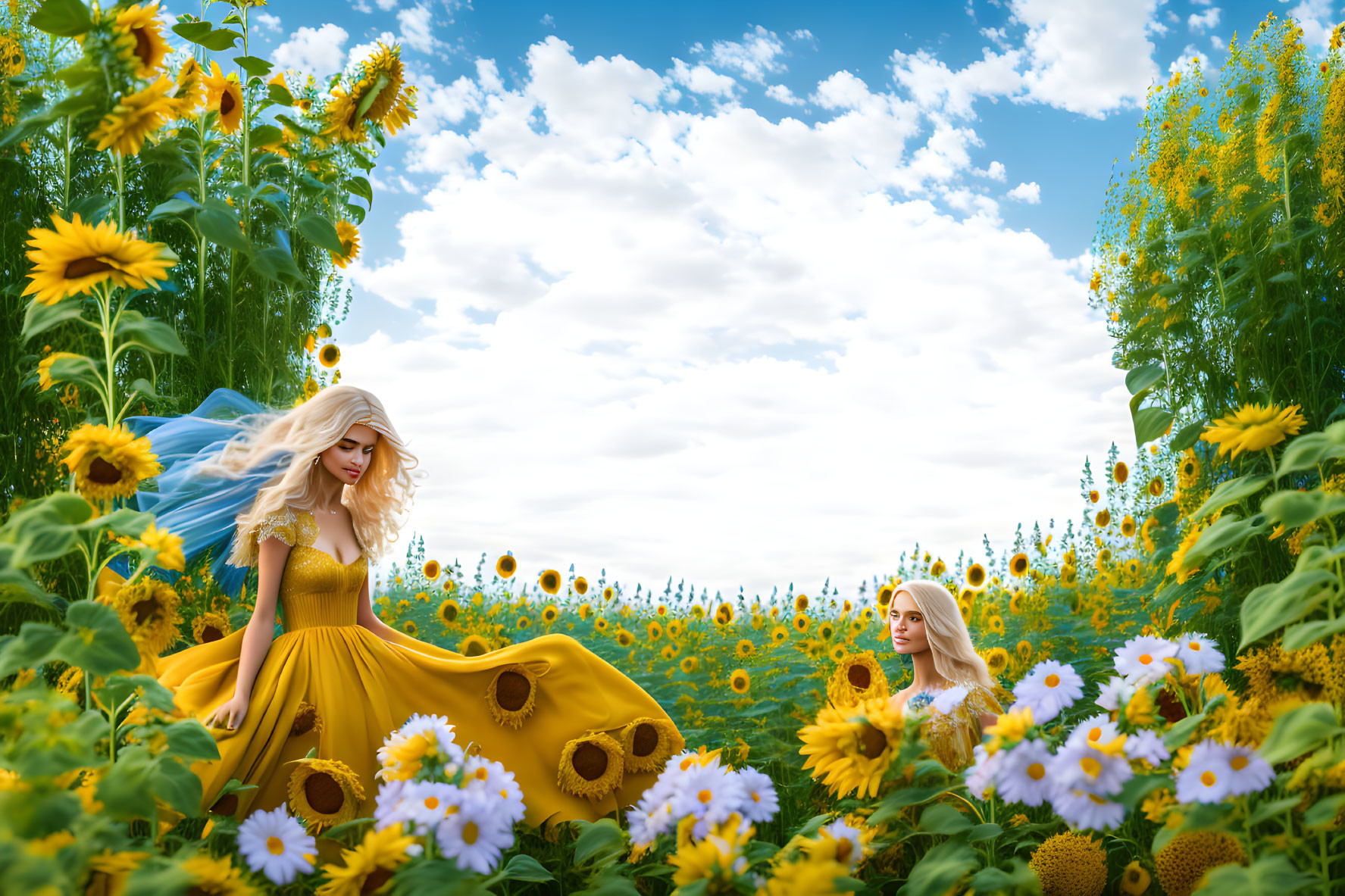 Women in Yellow Dresses Surrounded by Sunflowers Under Blue Sky