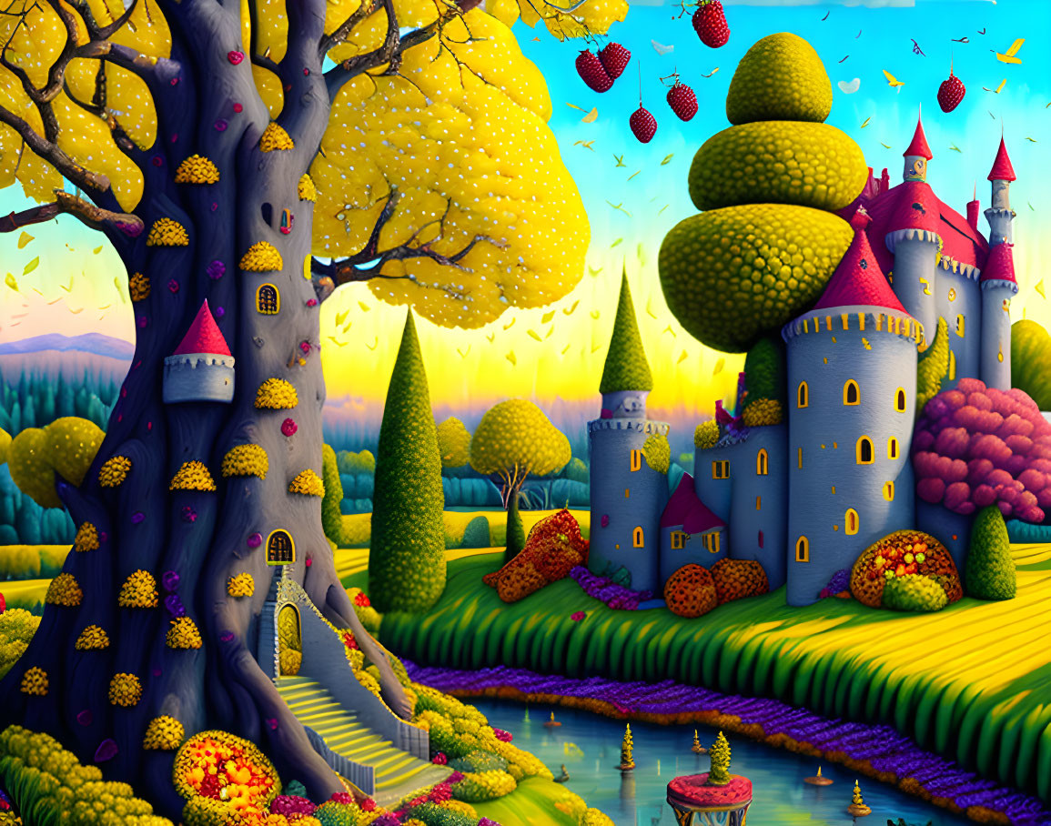 Colorful fairytale landscape with whimsical castle and flying birds