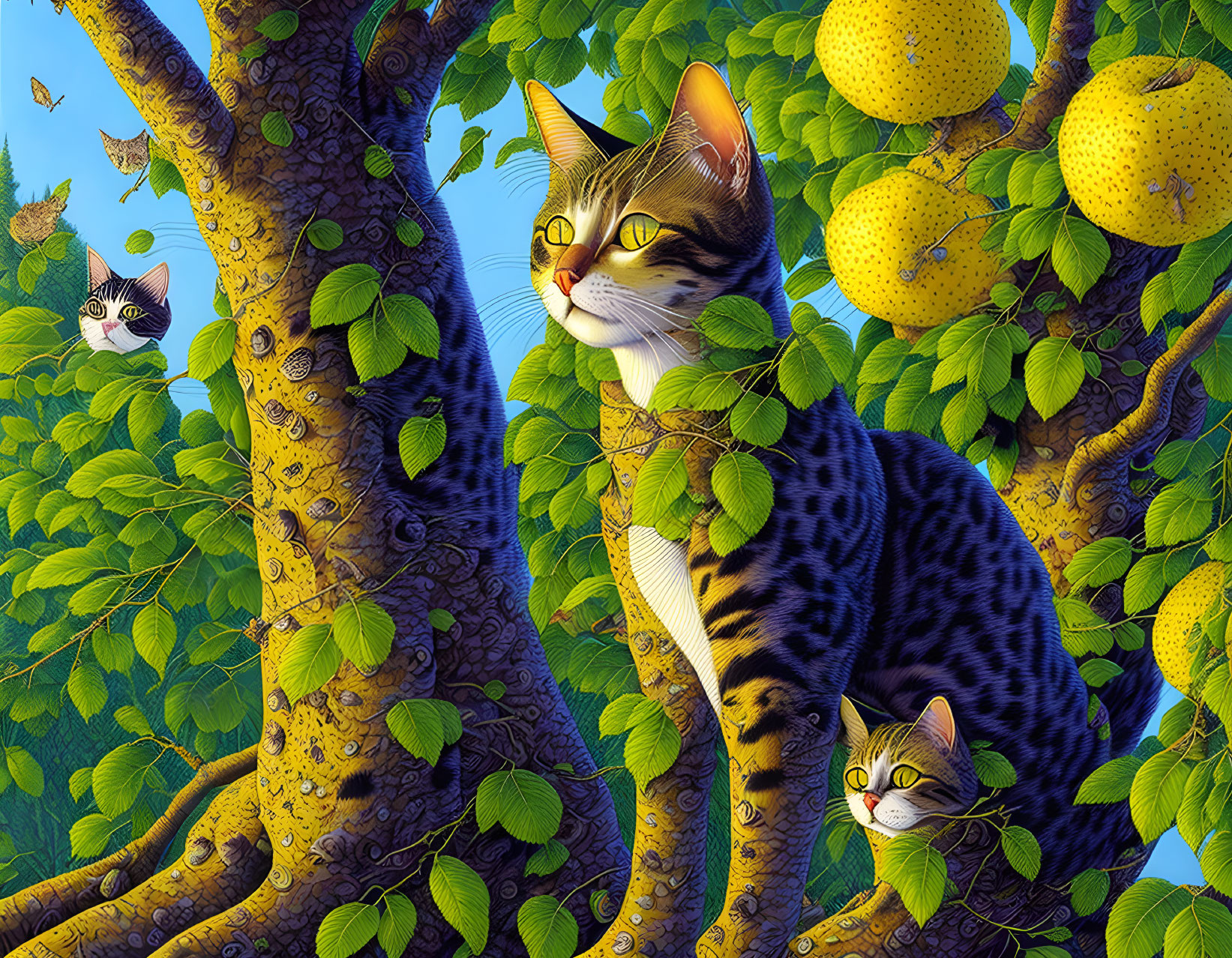 Spotted camouflaged cats in lemon tree setting