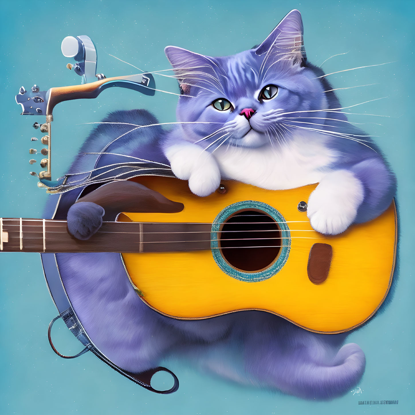 Fluffy grey cat with blue eyes playing acoustic guitar