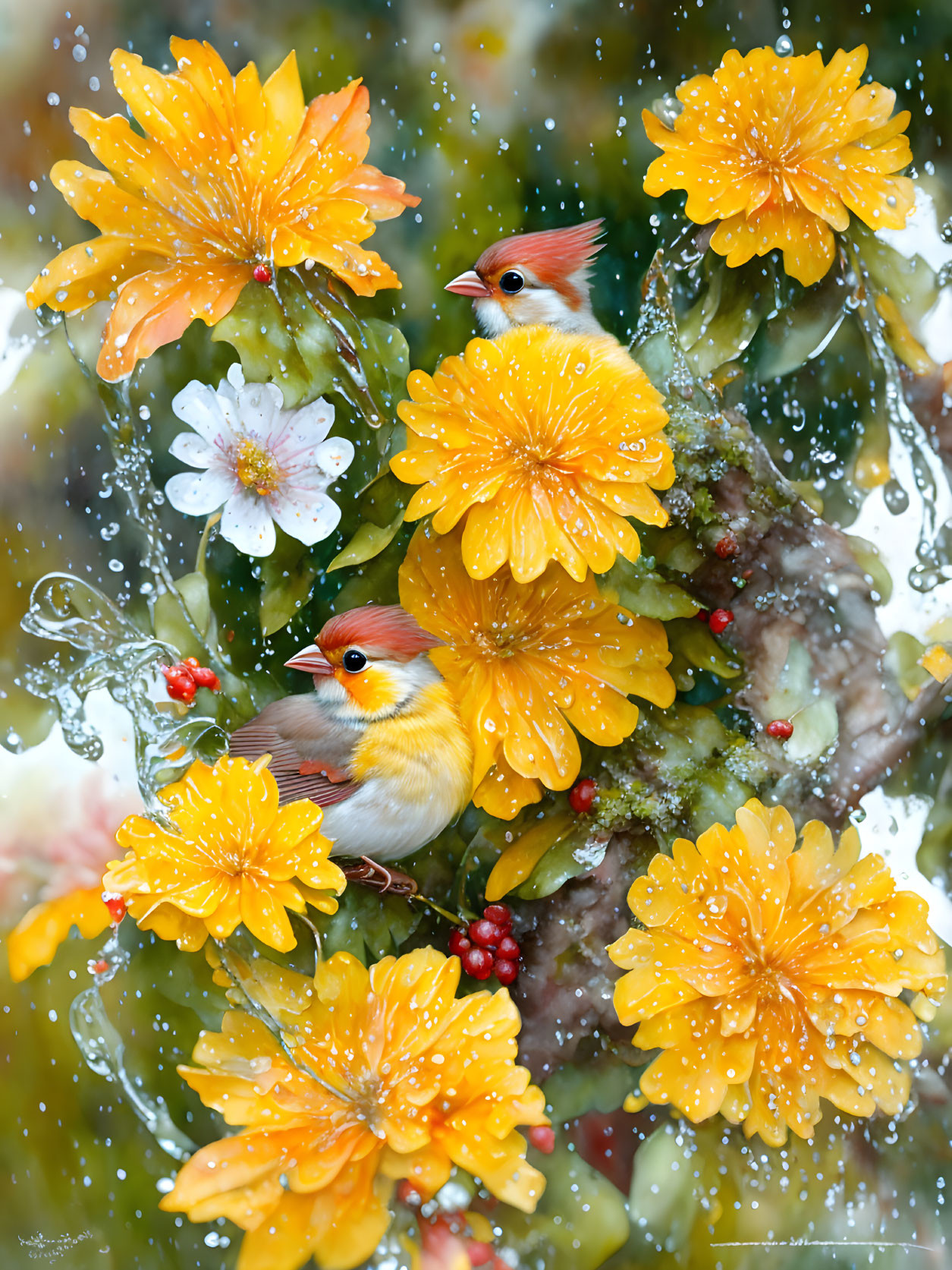 Small Birds Perched on Branches in Yellow Flower Scene