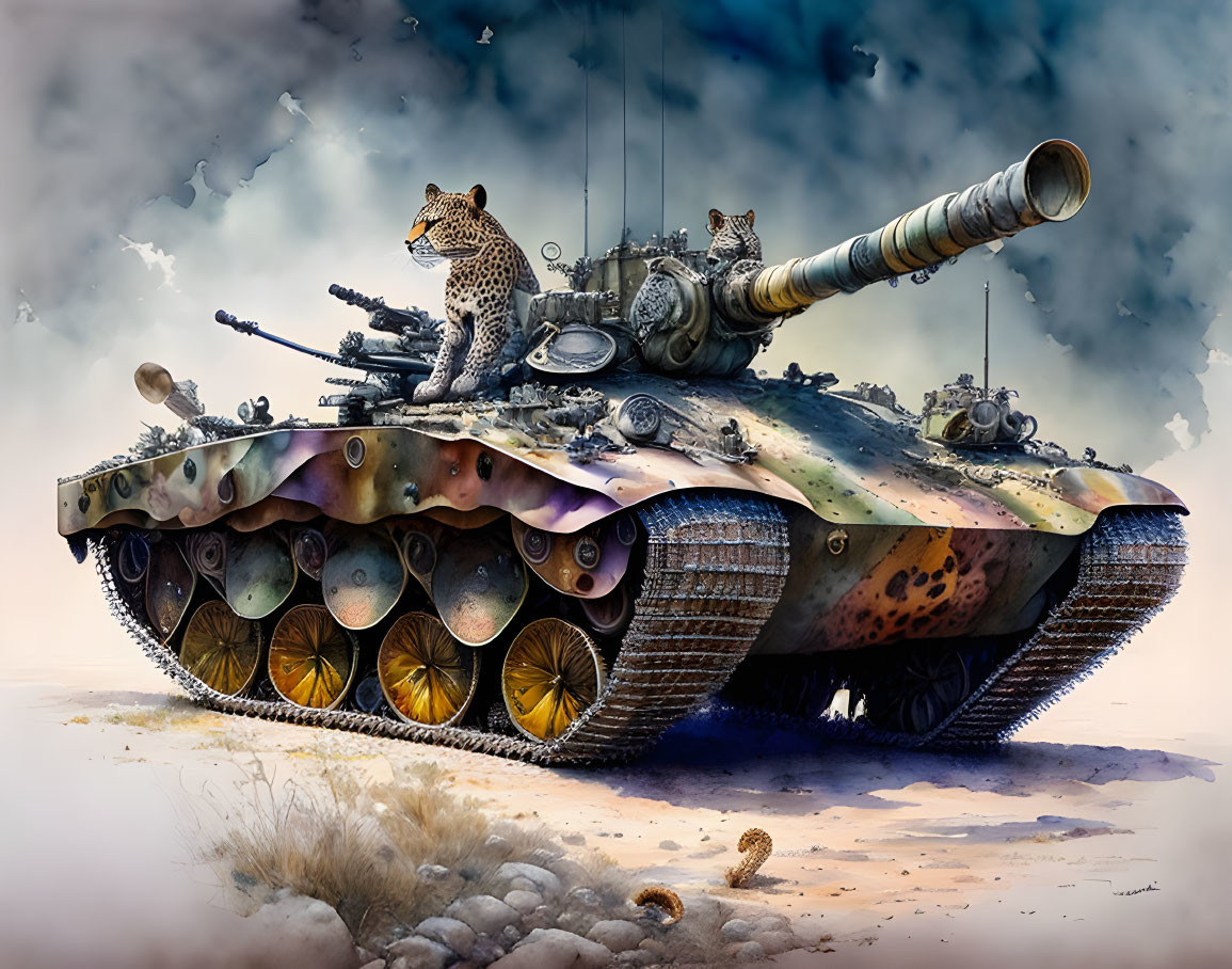 Detailed Leopard on Camouflage Tank in Surreal Landscape