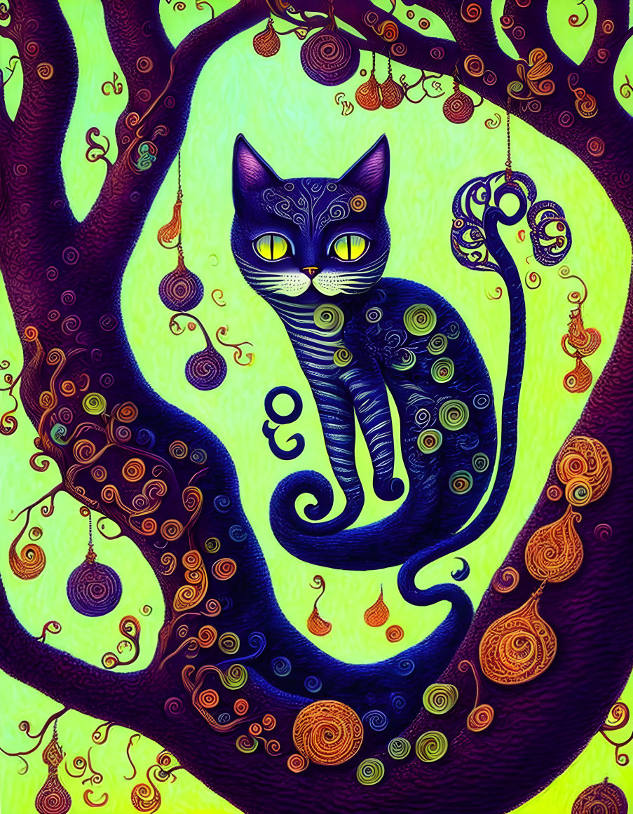 Stylized black cat illustration on swirling tree branches against green and purple background