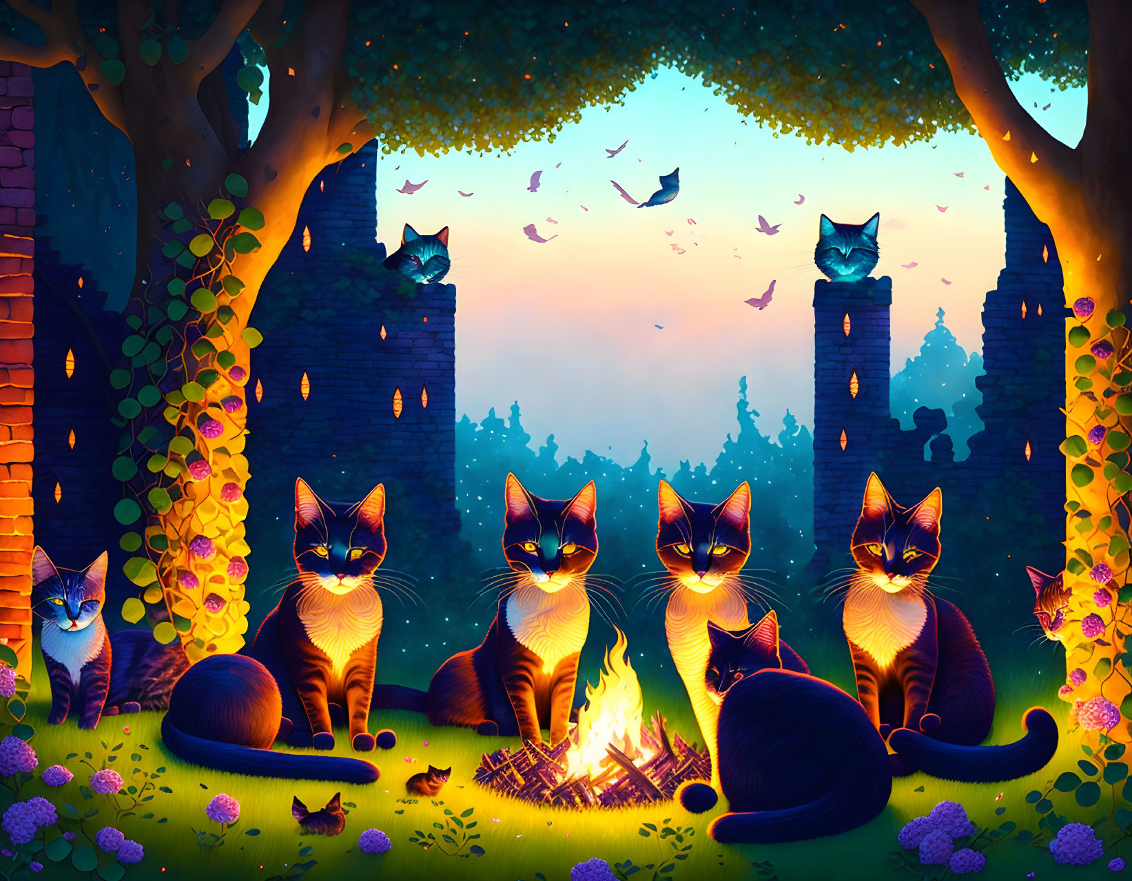 Cats Gather Around Bonfire in Magical Forest at Twilight