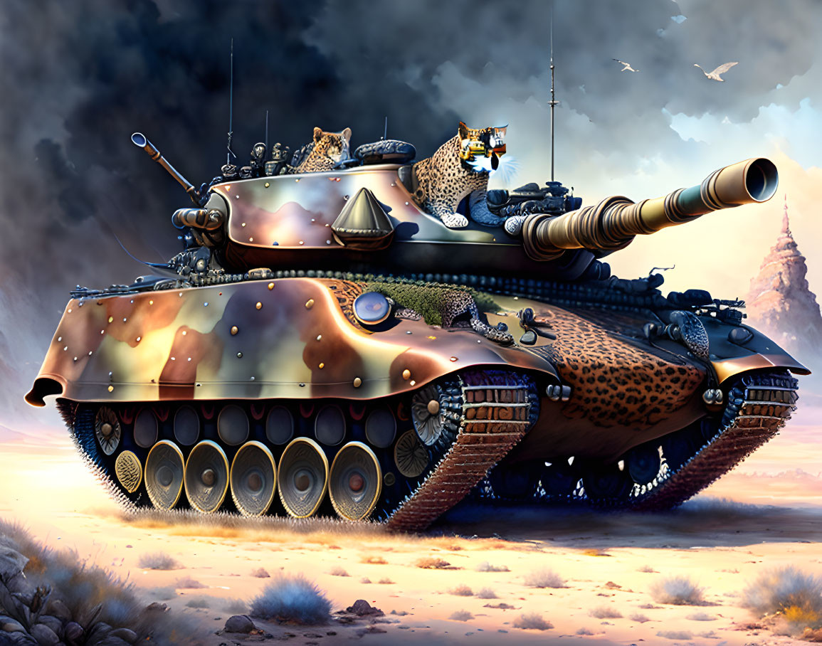 Fantasy tank with leopard print armor and weapons in dramatic sky