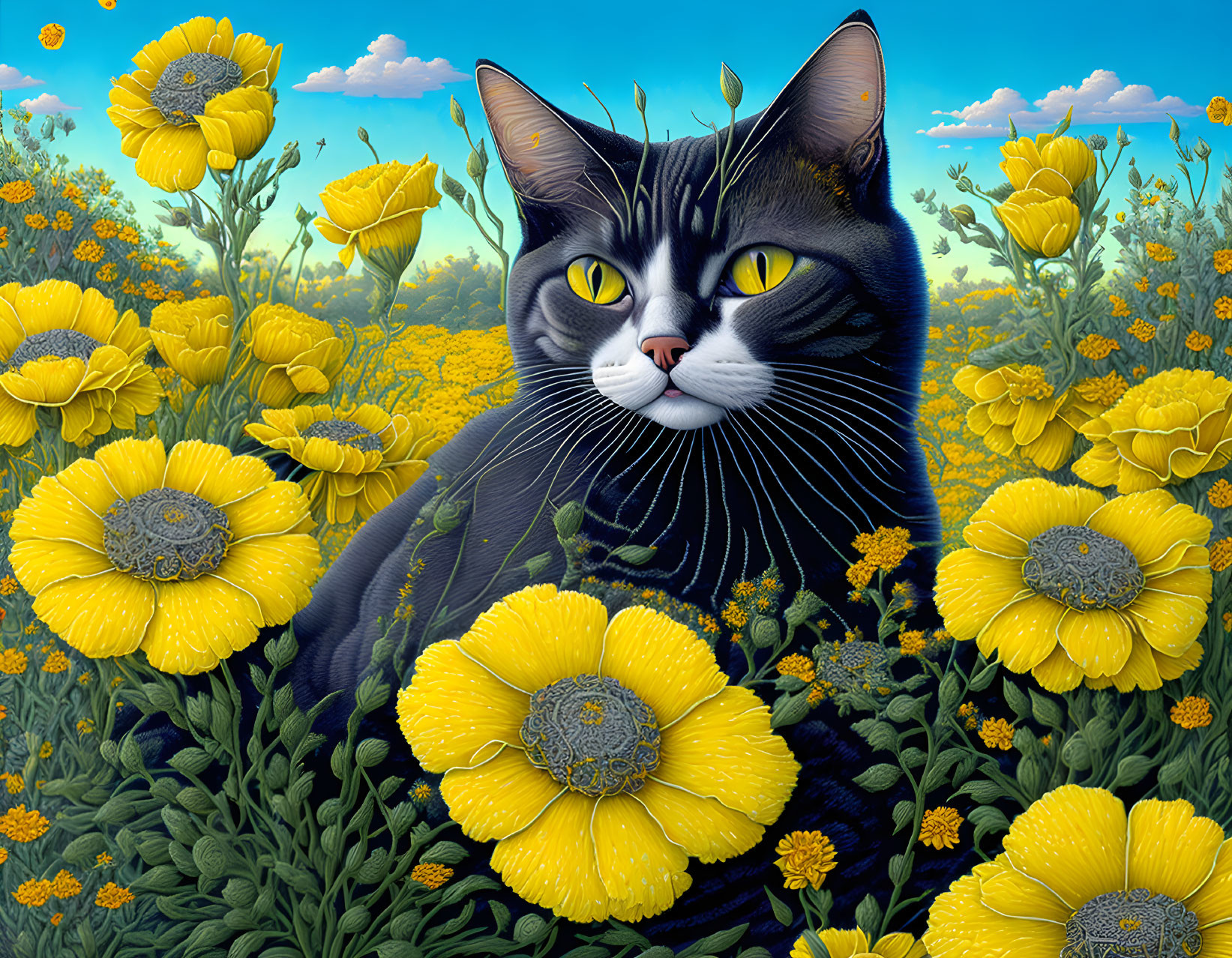 Realistic black and white cat with yellow flowers on blue sky