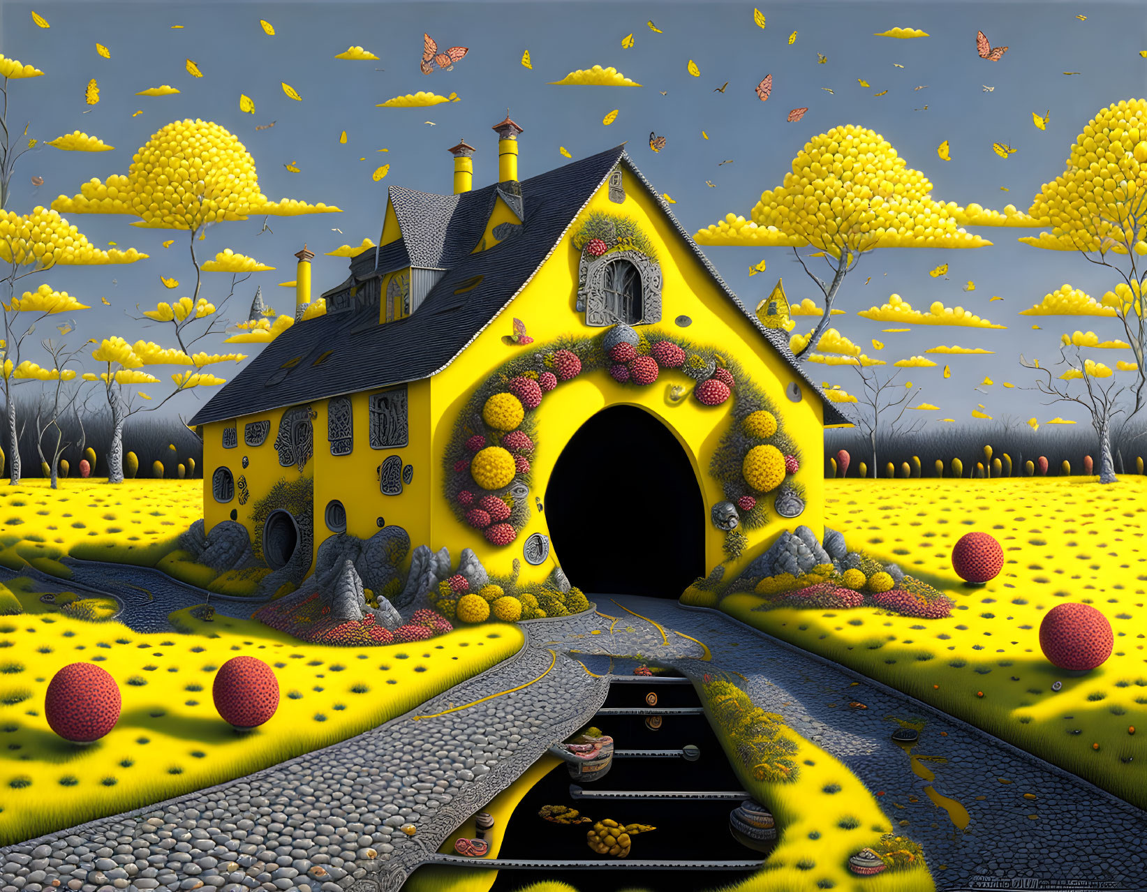 Yellow whimsical house with tunnel entrance, yellow trees, and patterned hills under blue sky.