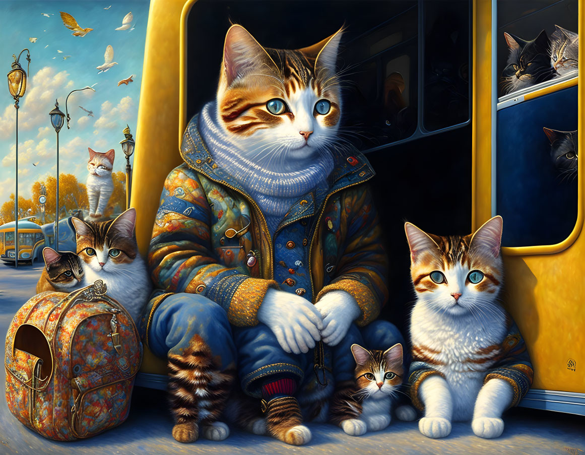 Anthropomorphic cats at bus stop in whimsical illustration