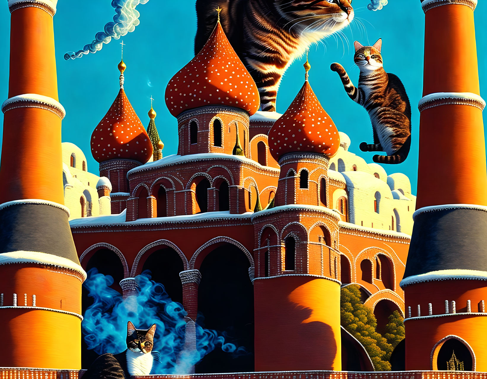 Whimsical cat illustration in surreal, onion-domed landscape