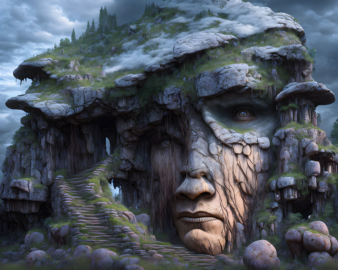 Fantastical landscape with giant stone face and lush greenery